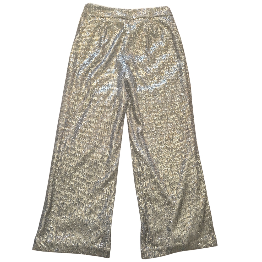 LOFT Silver Sequins High Rise Wide Leg Pants Side Zip Petite 10P Holiday Party - Picture 6 of 10